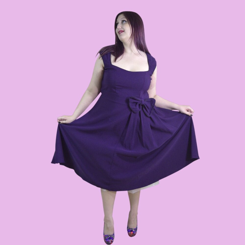Lindy Bop Purple Retro Flare Dress Rockabilly Vintage Party Graduation Bow Belt